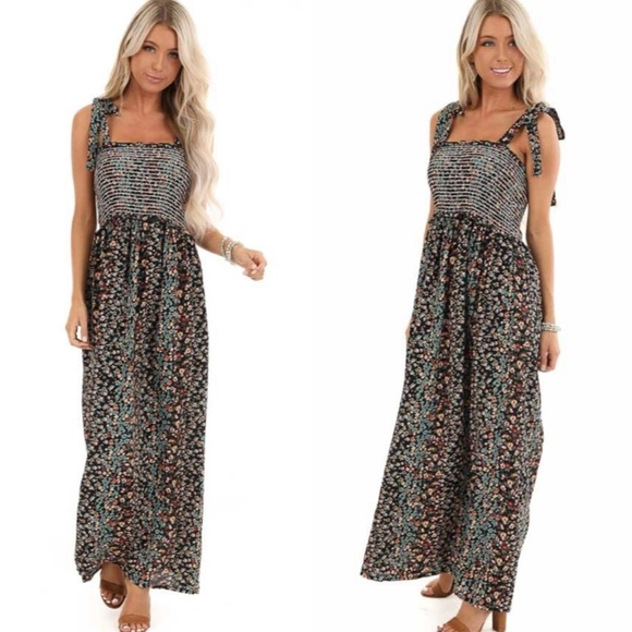 Black Floral Smocked Maxi Dress - Picture 2 of 9